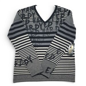 Ed Hardy Sweater L NWT Striped Black White Logo Knit Long Sleeve Wool Blend